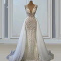 Luxury Beaded Bridal Wedding Floor-Length Deep V Neckline Sleeveless Detachable Skirt Modern Mermaid/Trumpet Silhouette