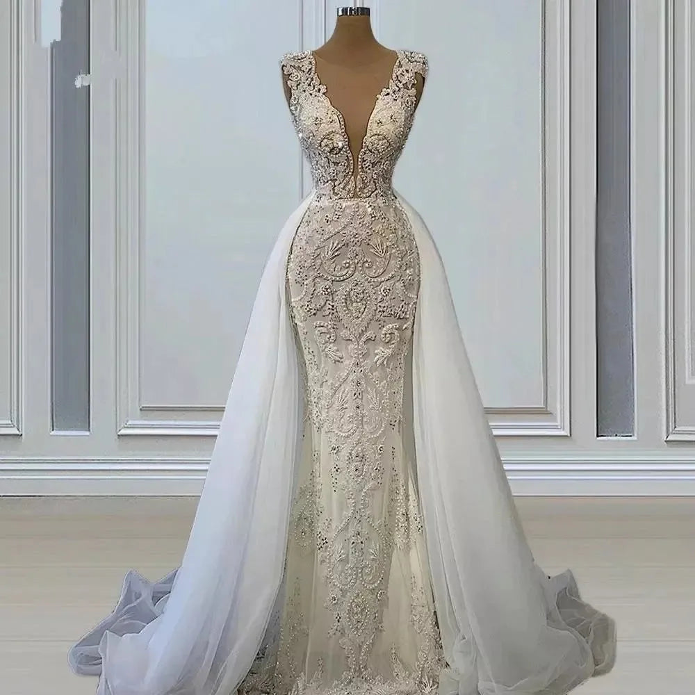 Luxury Beaded Bridal Wedding Floor-Length Deep V Neckline Sleeveless Detachable Skirt Modern Mermaid/Trumpet Silhouette