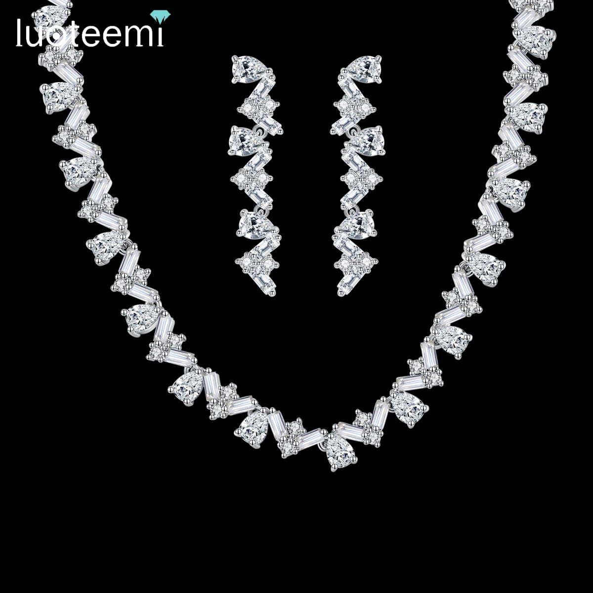 LUOTEEMI Fashion Ice Out Designer Necklace Charm Accessory Women's Earring Dubai Jewelry Set Jewellery