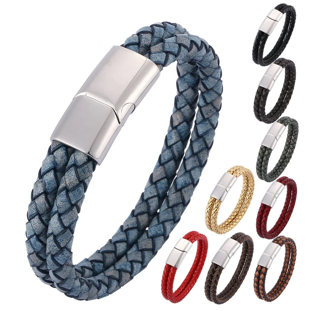 MECYLIFE Leather Bracelet for Men Stainless Steel Retro Handwoven Double Layer Colored Real Leather Men Buckle Bracelet