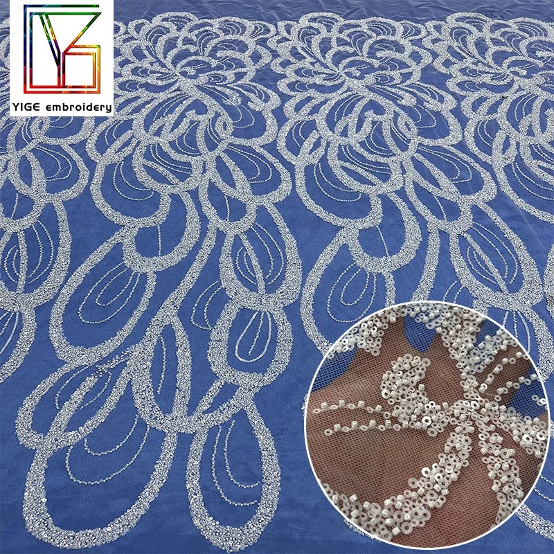French Bridal Beaded Lace 100% Polyester Embroidered Tulle Fabric Wedding Dress Beads Laces Fabrics for Women