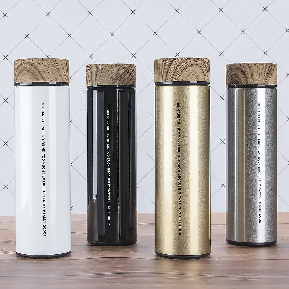 FX Factory Fashion Double Wall Stainless Steel Water Bottle with Wooden Lid Vacuum Insulated Thermoses Flask