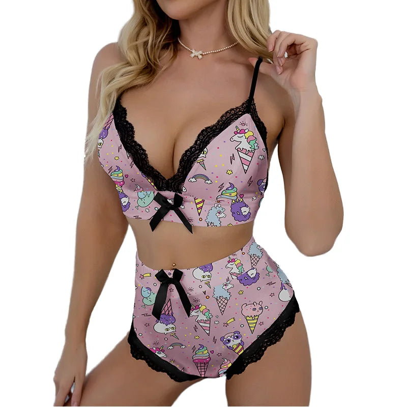 Women Nightwear Sexy Two Piece Lace Top and Shorts 2 Piece Sets  Pattern Printed Sleepwear Pajamas Sets