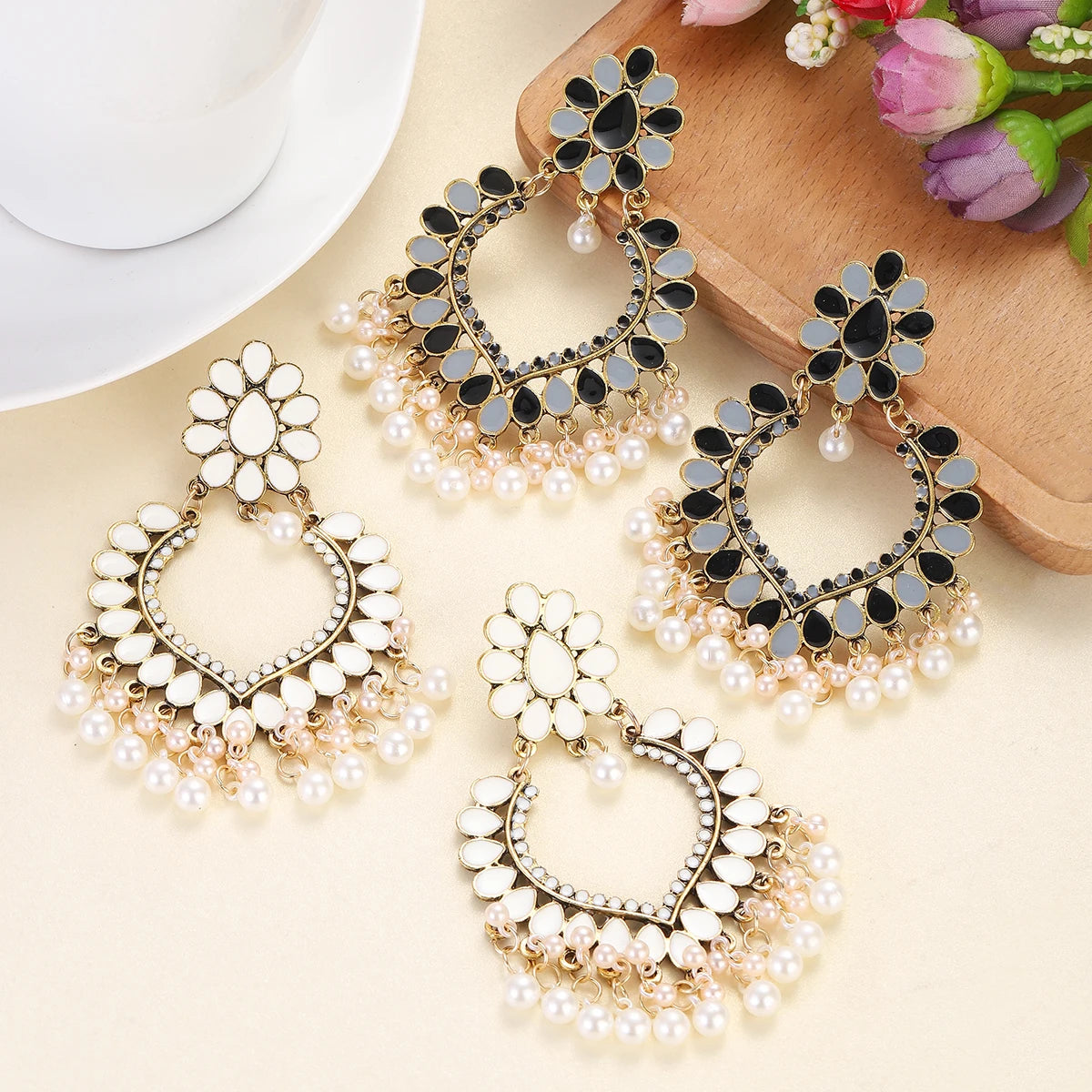 Ethnic Gypsy Pearl Tassel Bead Earrings for Women Boho Retro Round Bell Hollow Indian Jhumki Jewelry for Women