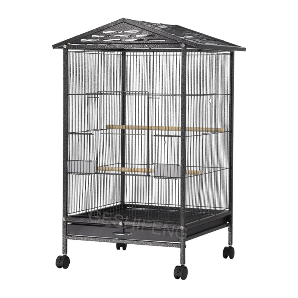 Fashionable Roof Design Birdcages for Large Birds Iron Large Birdhouse With Wheels Station Rods Food Basins Tray Breeding Cages