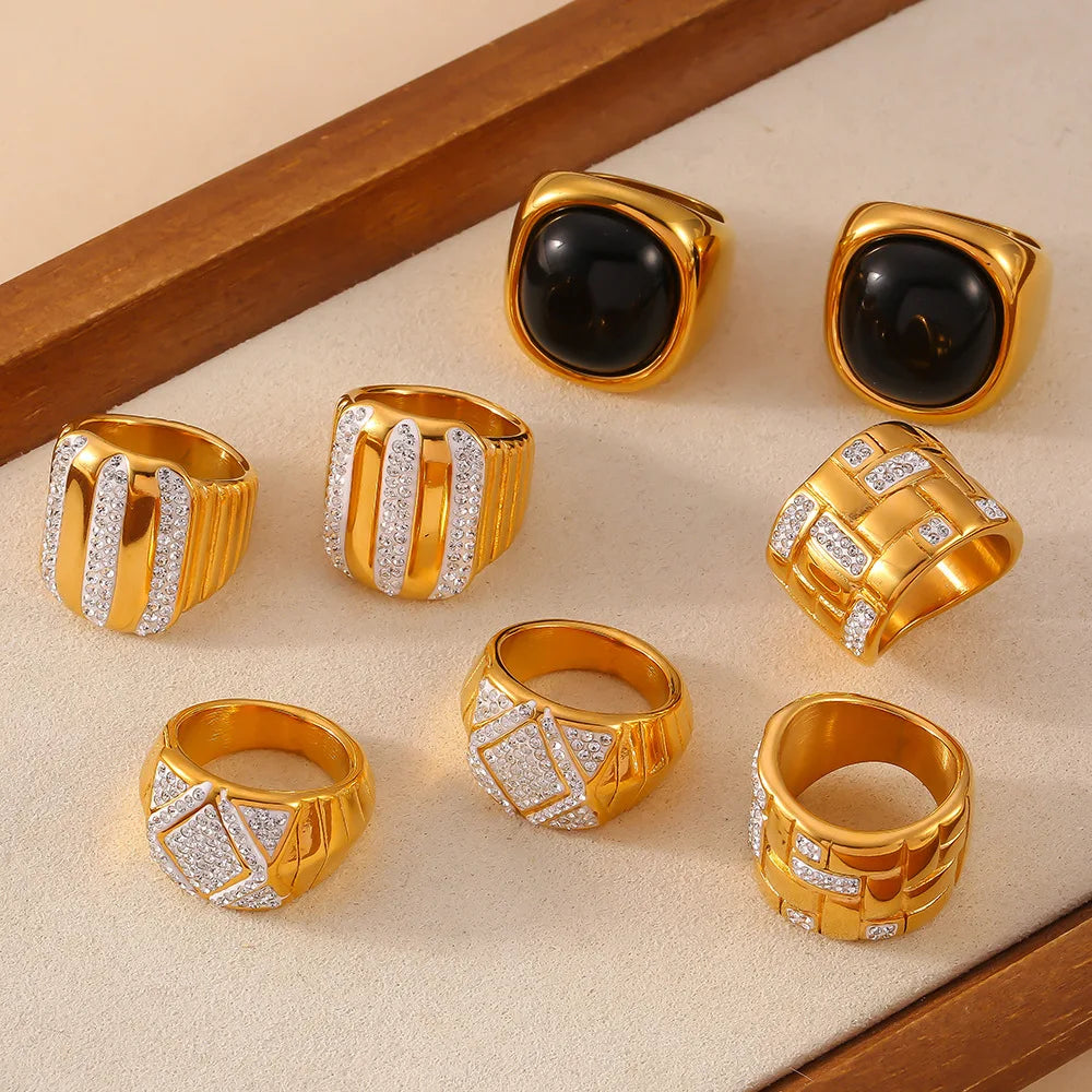 Retro Fashion Personalized Geometric Weaving Ring for Women Stainless Steel Texture Cubic Zirconia Ring Large Chunky Finger Ring