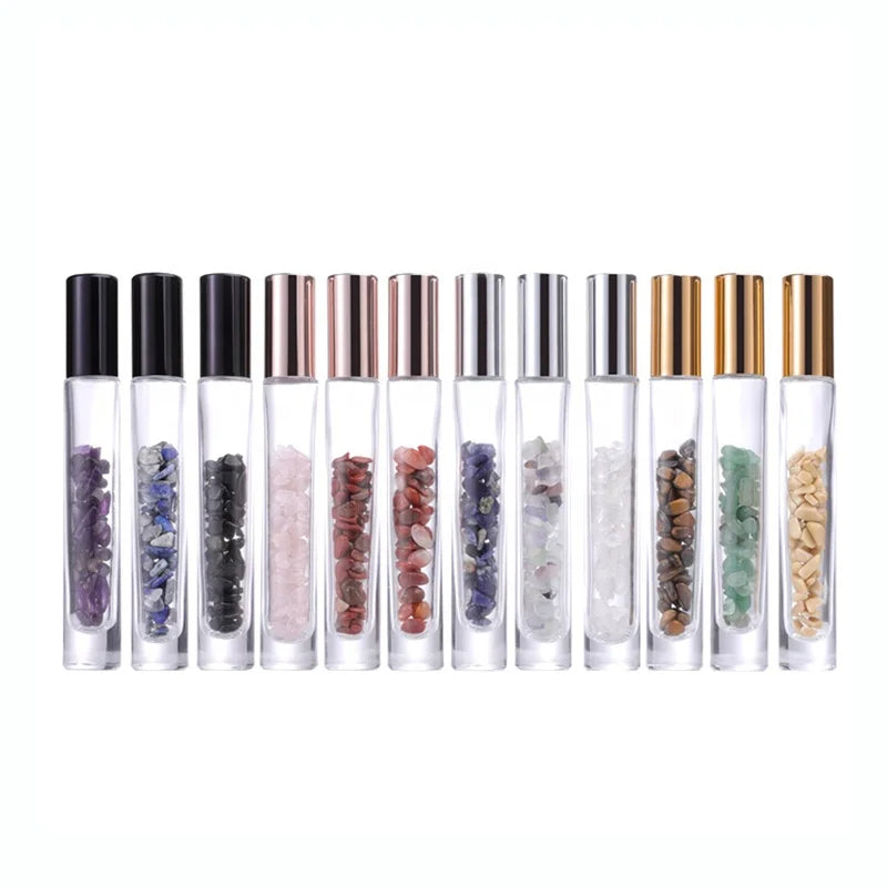 Wholesale Reusable Unique Luxury 10ml Gemstone Roller Perfume Oil Bottles Thick Bottom Roll on Bottle With Crystal Roller Ball