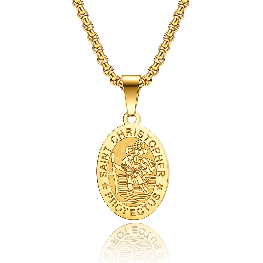 Fashion Mens' Titanium Stainless Steel Gold Plated Catholicism Saint St Christopher Pendant Necklace Jewelry