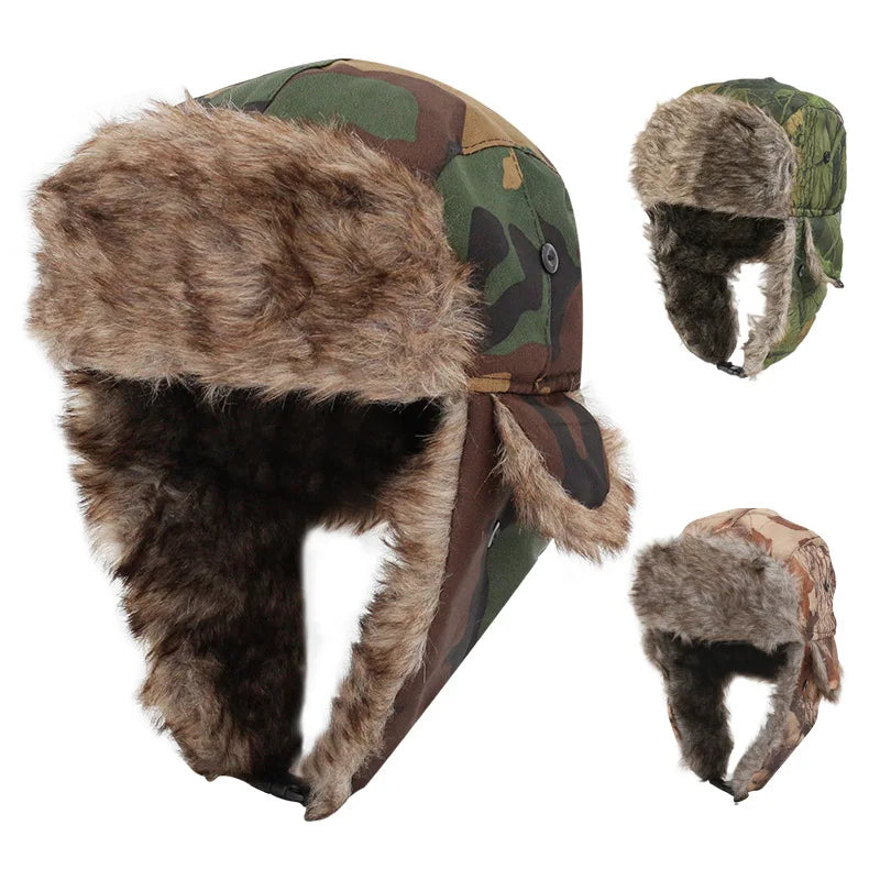 Winter Camouflage Lei Feng Hat with Windproof Earflap Plush Warm Lining Common Fabric Household Use
