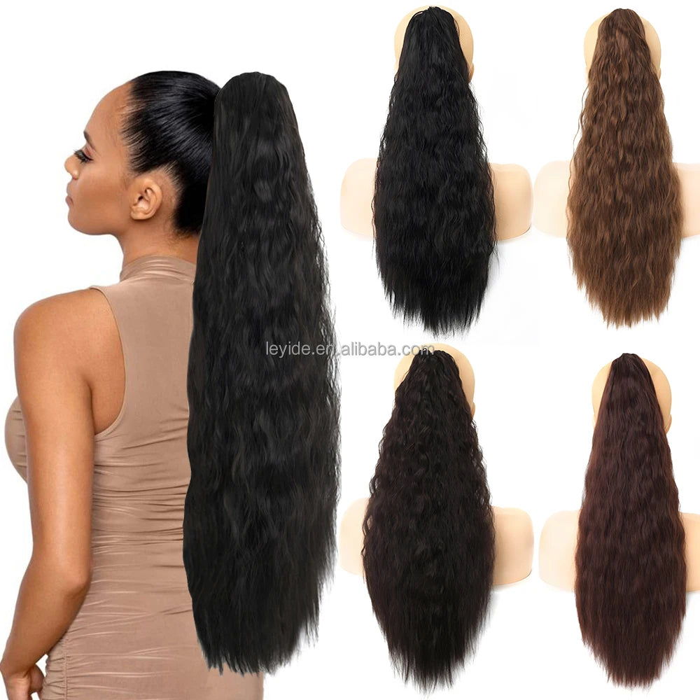 Fluffy Thick Long Wavy Curly Pony Tail 24 Inch Corn Wave Synthetic Hairpiece Extension Claw Clip Ponytail for Women Girls