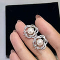 Hollow Out Camellia Stud Earrings with Bread-Shaped Pearls Rhodium Plated AAAAA Grade Jewelry for Women Romantic Design