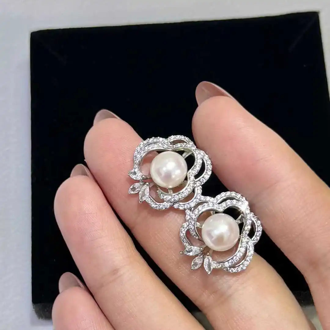 Hollow Out Camellia Stud Earrings with Bread-Shaped Pearls Rhodium Plated AAAAA Grade Jewelry for Women Romantic Design