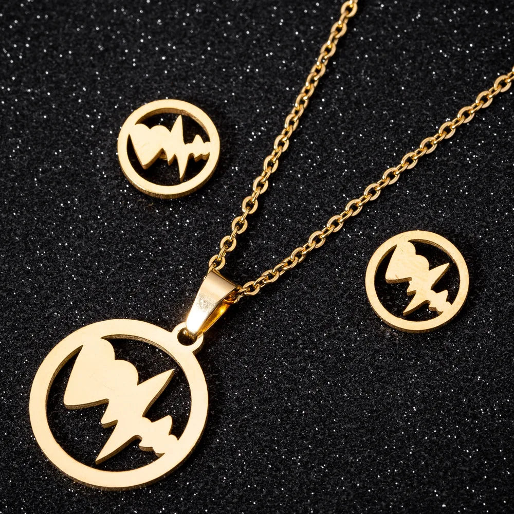 Wholesale Waterproof 18K Gold Silver Plated Stainless Steel ECG Heartbeat Pendant Earring Necklace Jewelry Set for Women