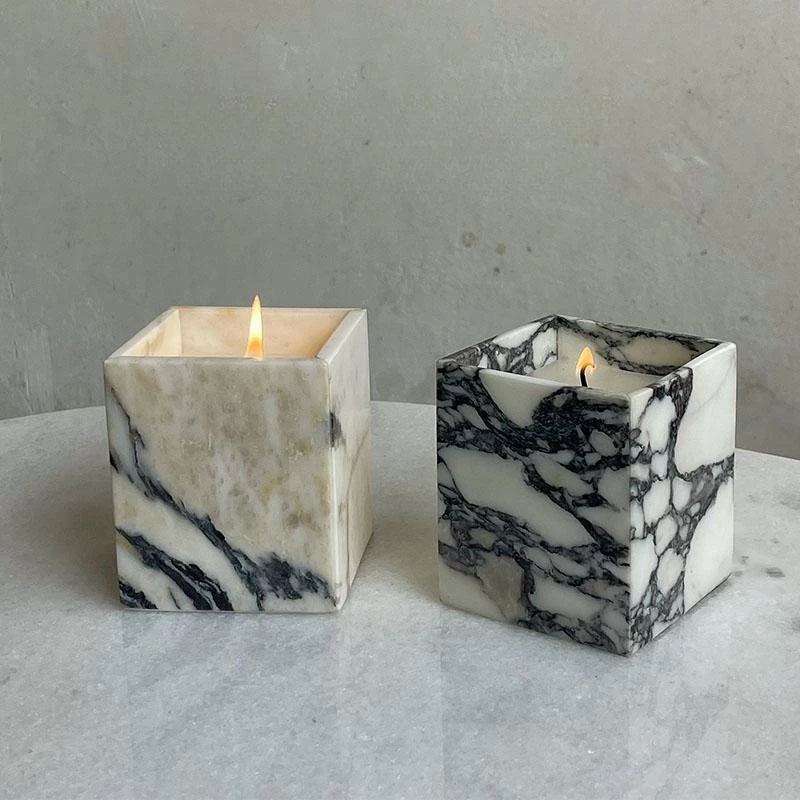 Stonekocc Chinese Luxury Stone Candlestick Calacatta Viola Marble Aromatherapy Wax Home Atmosphere Decoration Candle Square Cup