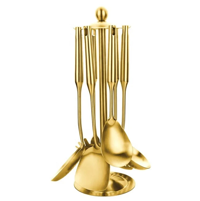 Stainless Steel Gold Kitchen Ware Set Eco-Friendly Rotating Holder Spatula Soup Ladle Slotted Spoon for Home Kitchen Use