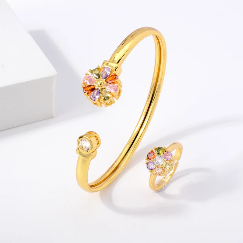 Customised Gold Filled Bangles Cz Indian Tube Sparkle 18K Gold Plated Copper Fancy Bracelet Ring Set