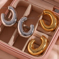 18K Gold Plated J-Shape Hollow Out Chunky Hoop Earring Waterproof Stainless Steel Women's Trendy Jewelry for Parties and Gifts
