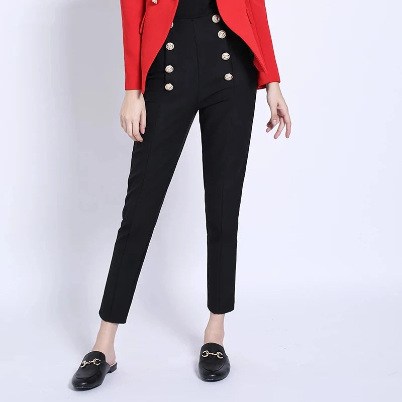 Wholesale Basic Design Classic Style Black & White Buttons Slim Quality Pencil Casual Women Pants Trousers