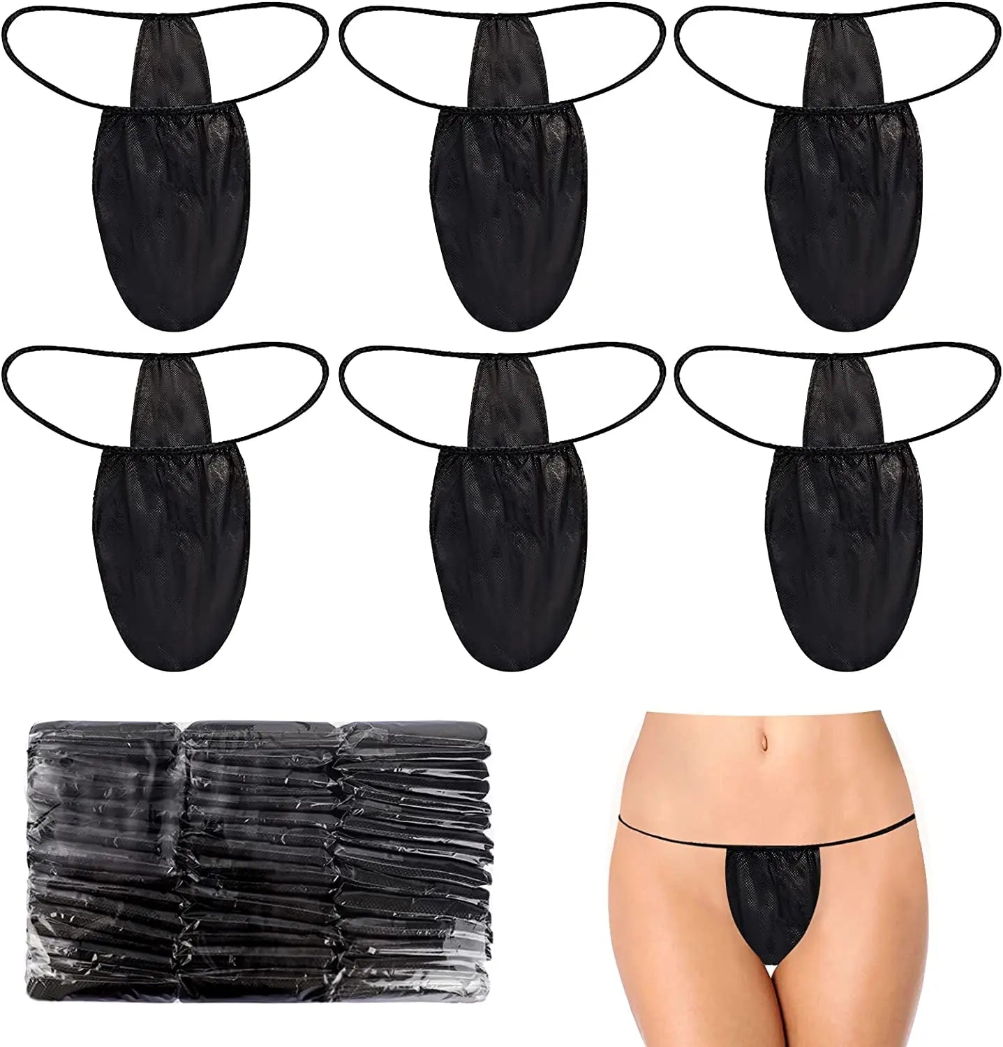 50 Pieces Disposable Panties and Bras for Women Spa T-Thong Underwear for Tanning Individually Wrapped Black