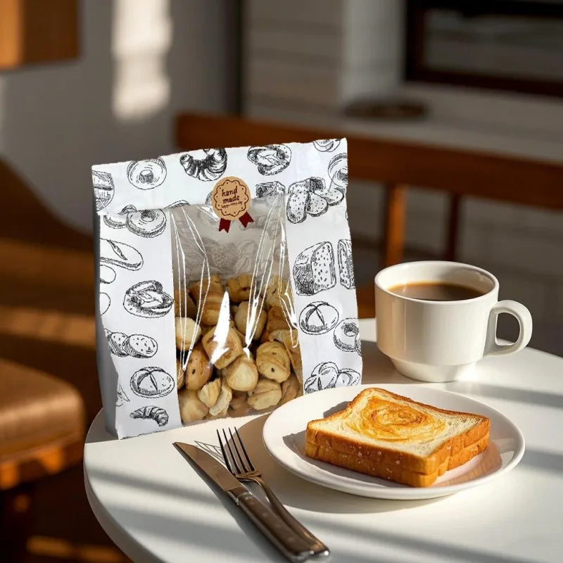 Custom Logo Printed Sealed Bakery Food Pouch Oil Resistant Bread Pastry Snack Packaging Kraft Paper Bag with View Window