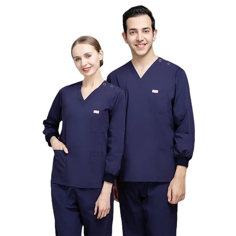 35% Cotton 65% Polyester Hygroscopic Perspiration Casual comfort Wrinkle Resistant V-neck Long Sleeve Scrub Uniform Sets