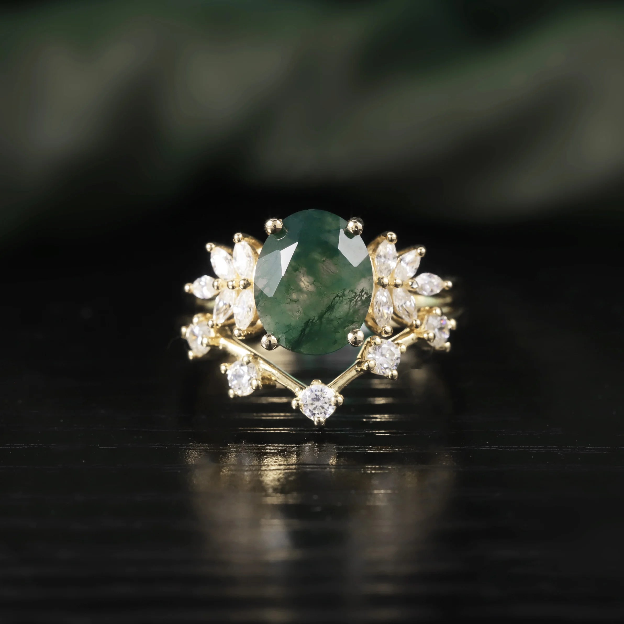 Large Production Capacity Jewelry Waterproof Moss Agate Silver Beautiful 18K Yellow Gold Plated Wedding Ring Sets