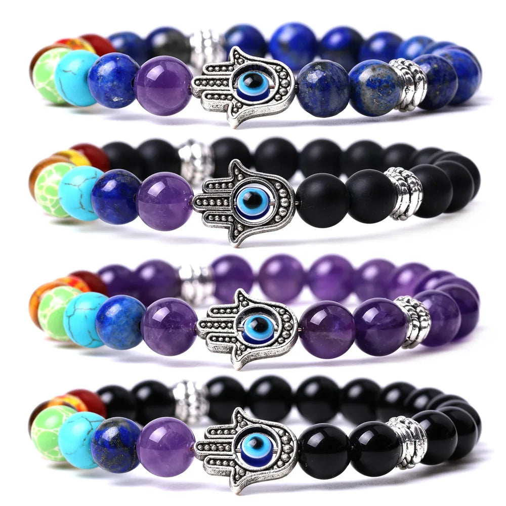 Trendy Charm Evil Eye 7 Chakra 8mm Tiger Eye Lava Turquoise Agate Quartz Bead Women Healing Natural Stone Bracelet Jewelry