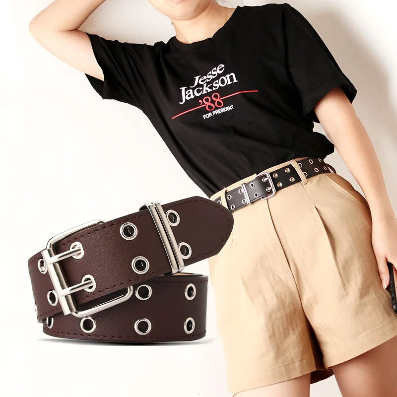 New Personality Double Row Ladies Belt Fashion Rivet Decorative PU Belt Trend Wide Belt