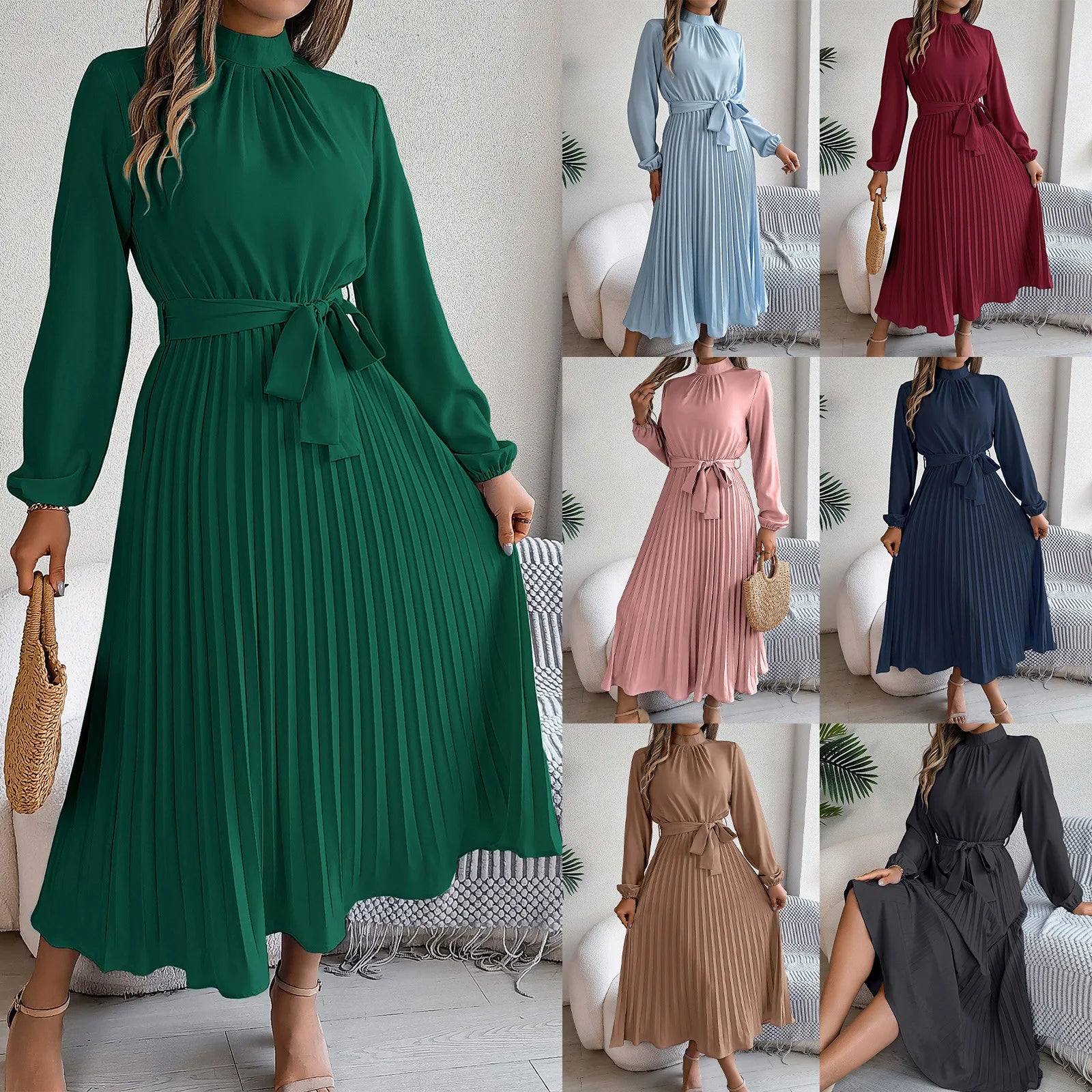 2025 European American Women's Dress Elegant Collar Long Sleeve Waist Pleated Casual Y2K for Spring Summer Dress