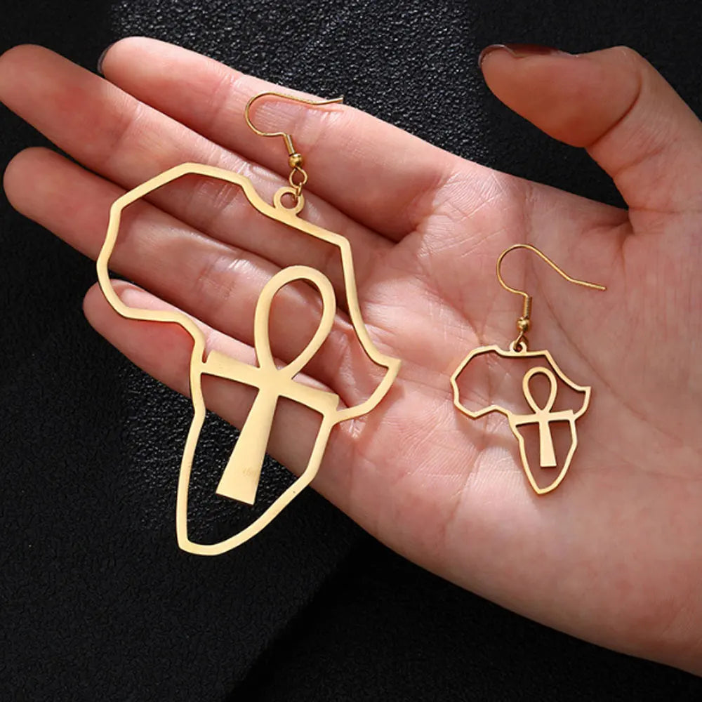 Stainless Steel Silver and Gold Handmade Bohemian Big Cross African Africa Map Shaped Pendant Dangle Hoop Earrings Children's
