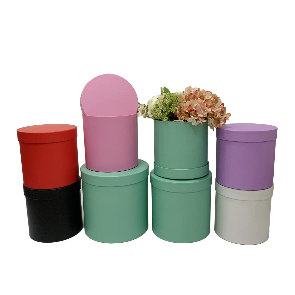 Wholesale Solid Color Round Three-piece Set Hugging Bucket Flowers Boxes Round Barrel Paper Box