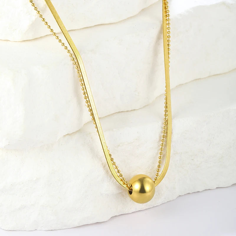 Ivanda Hot Sale Fashion Jewelry Stainless Steel 18K Gold Double Layer Chain Ball Necklace for Women