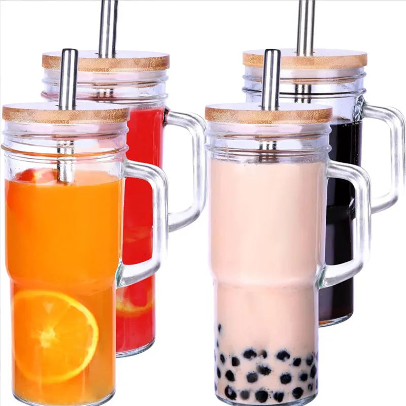 Personalized 20 oz Glass Milk Tea Juice Container with Bamboo Lid and Straw 2025