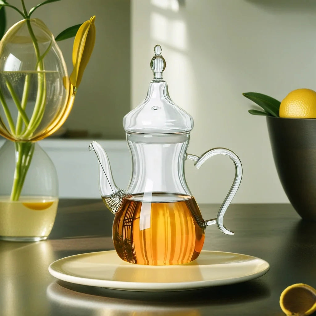 Multi-gauge Handmade Customized High Borosilicate Heat Resistant Toffee Glass Teapot with Glass Lid and Handle