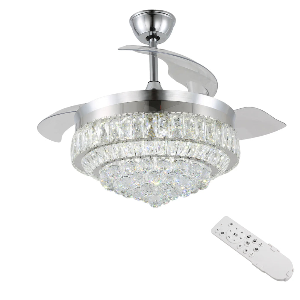 42" Modern K9 Crystal Ceiling Fan with Light Dimmable LED 6 Speeds Memory Function for Living Room Bedroom