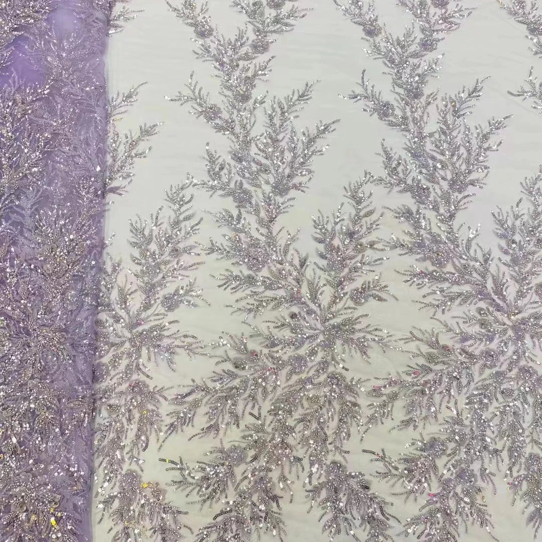 Floral Beads Sequin Navy Blue Lace Fabric