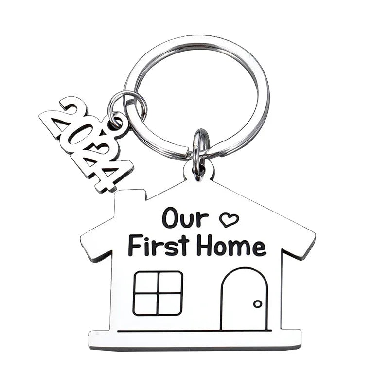 2024 Our First Home Relocation Souvenir Metal Stainless Steel House Pendant Keychain Charm Couples Housewarming Gift Keyring