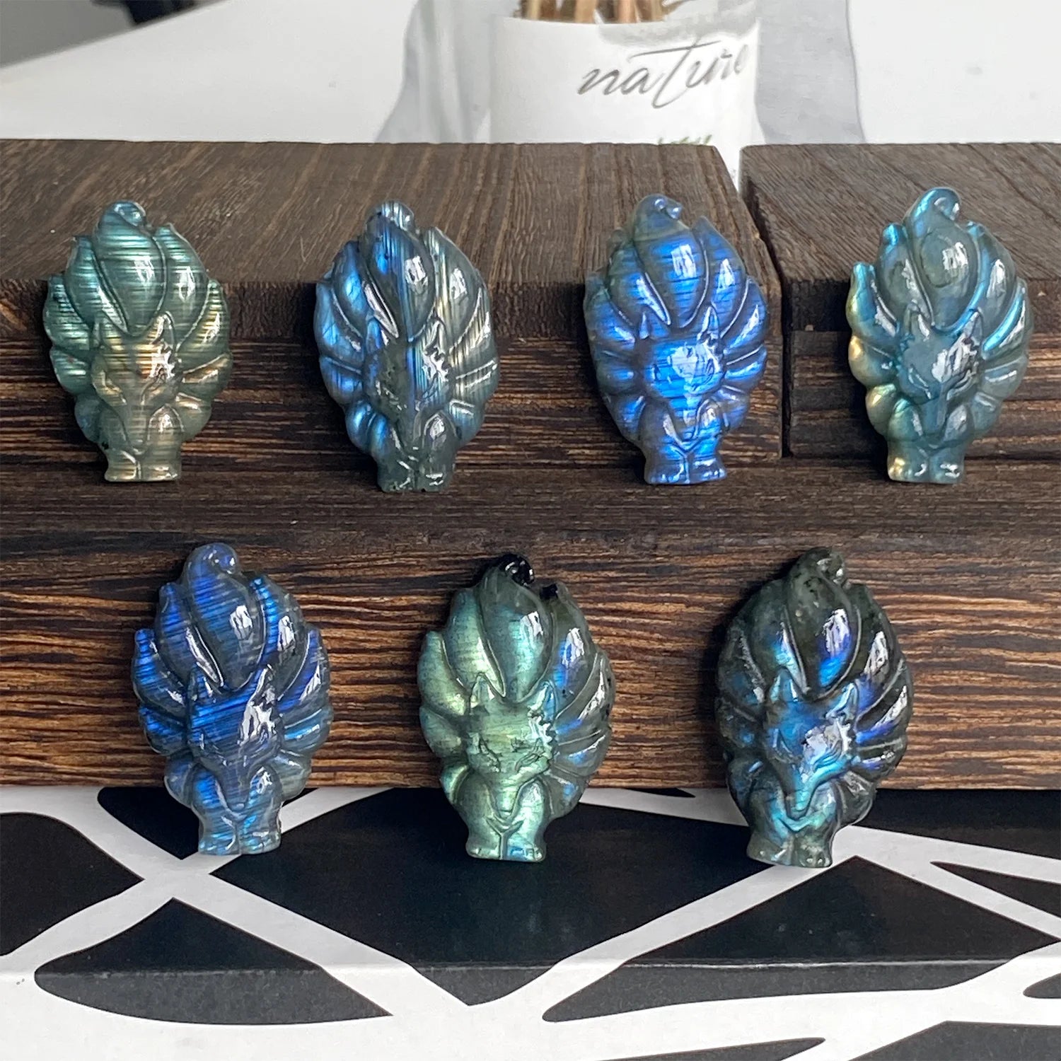 Natural Blue Flash Labradorite Nine Tailed Fox Carving Handmade Crystal Pendant for Jewelry Making