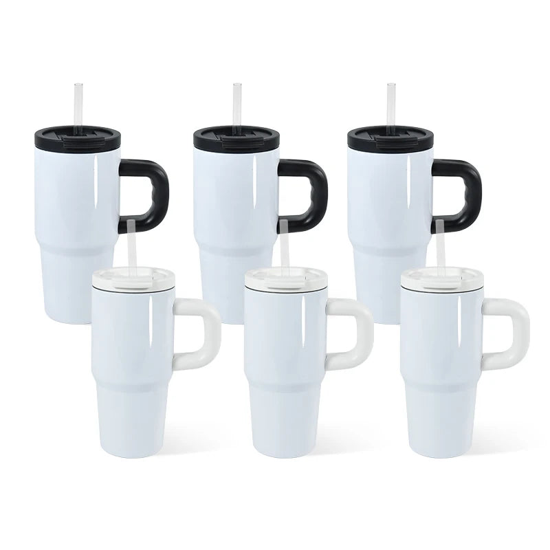 New Arrival Sublimation Blank 14oz Kid Size Flip Top Stainless Steel Travel Mug with White and Black Handle and Straw