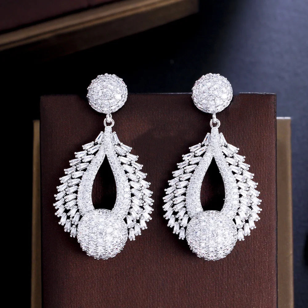 Shiny Round CZ Stone White Gold Filled Dangle Drop Wedding Dress Women's Earrings for Bridal Engagement Cubic Zirconia Jewelry