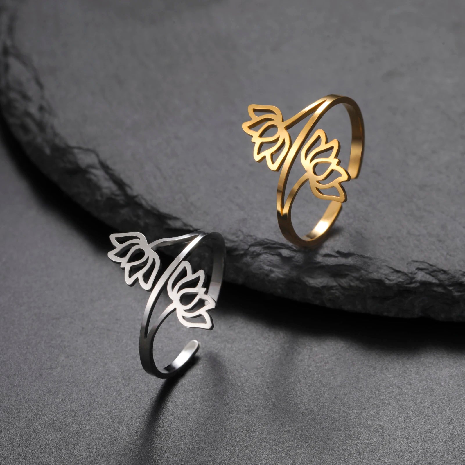 Cute Stainless Steel Lotus Flower Ring Adjustable Lotus Flower Finger Ring Jewelry Party Gifts for Women