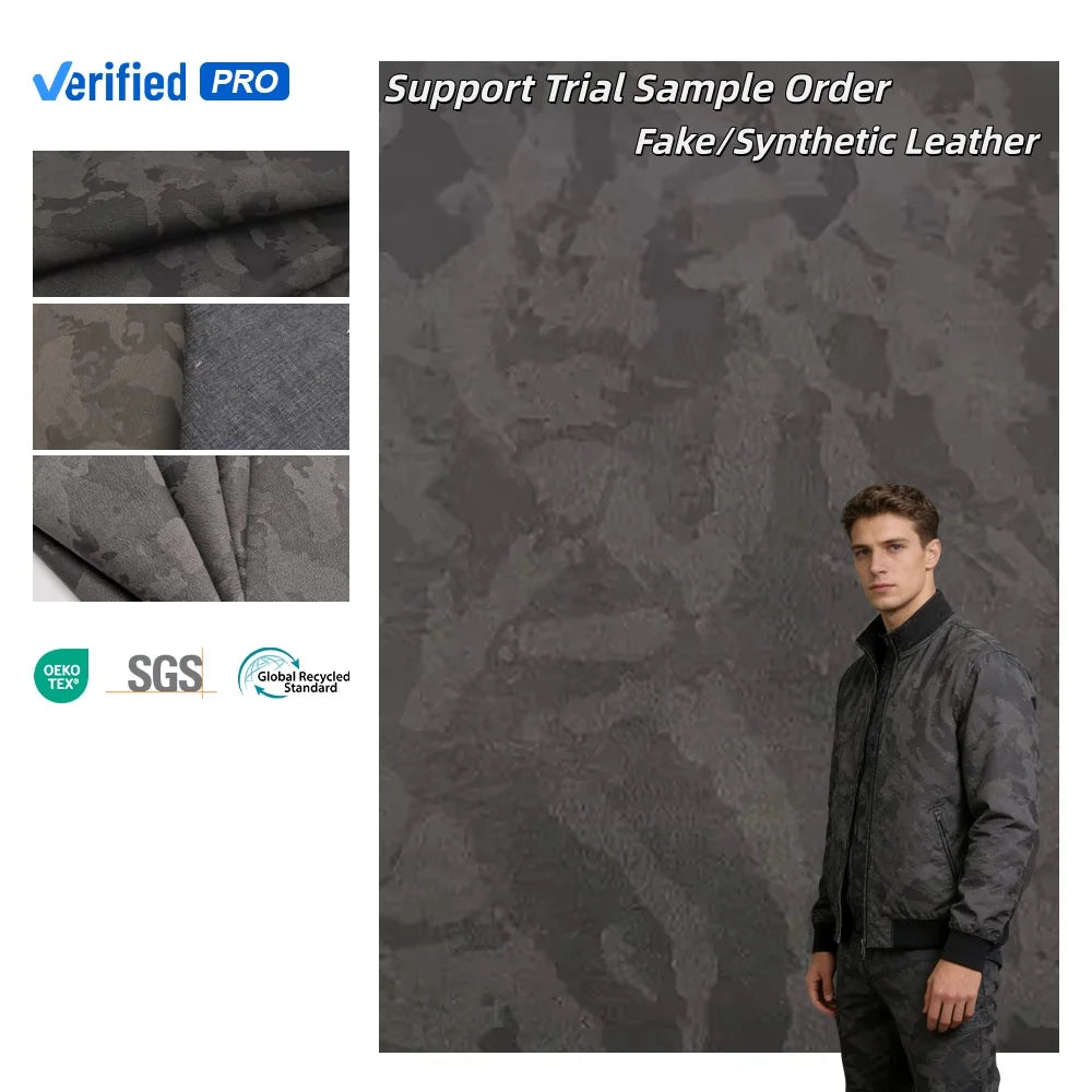 PFAS FREE  Custom Printed Waterproof Faux Pu Leather Rayon Backing Black Camouflage Roll Packing Finished Jacket Fabric