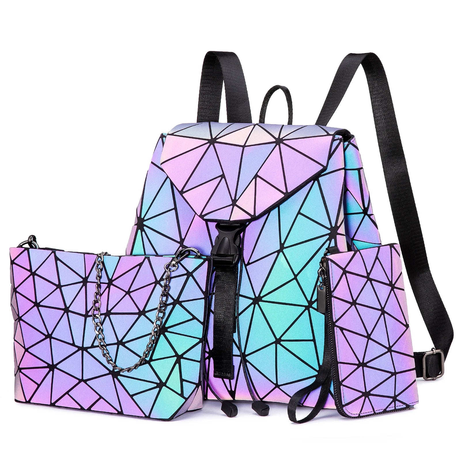 LOVEVOOK Custom Holographic Reflective Bag Wallet Clutch Set Geometric Luminous Purses and Handbags Geometric Women Backpacks