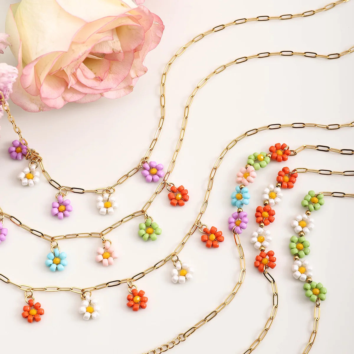 Cute Stainless Steel 18K Gold Plated Minimalist Link Chain Necklace Trendy Stackable Beads Flower Charm Jewelry