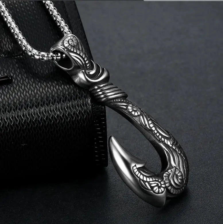 Caicai Vintage Stainless Steel Fishhook Pendant NECKLACE Sweater Chain Titanium Steel Necklace Wholesale Jewelry