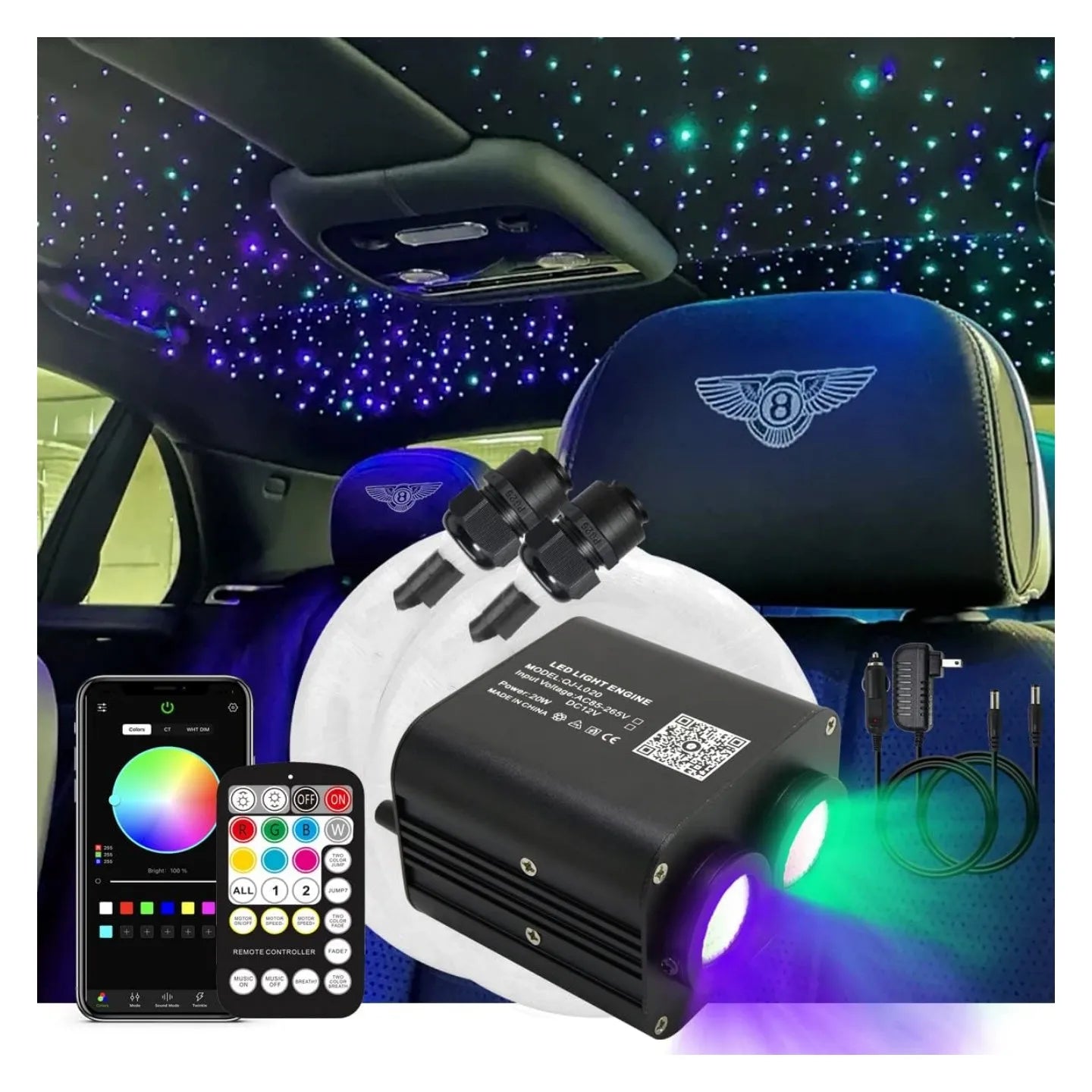 20W Dual Color RGBW Twinkle Starlight Headliner Kit 1050 Mixed Fibers Sound Activated Music APP + Remote Control