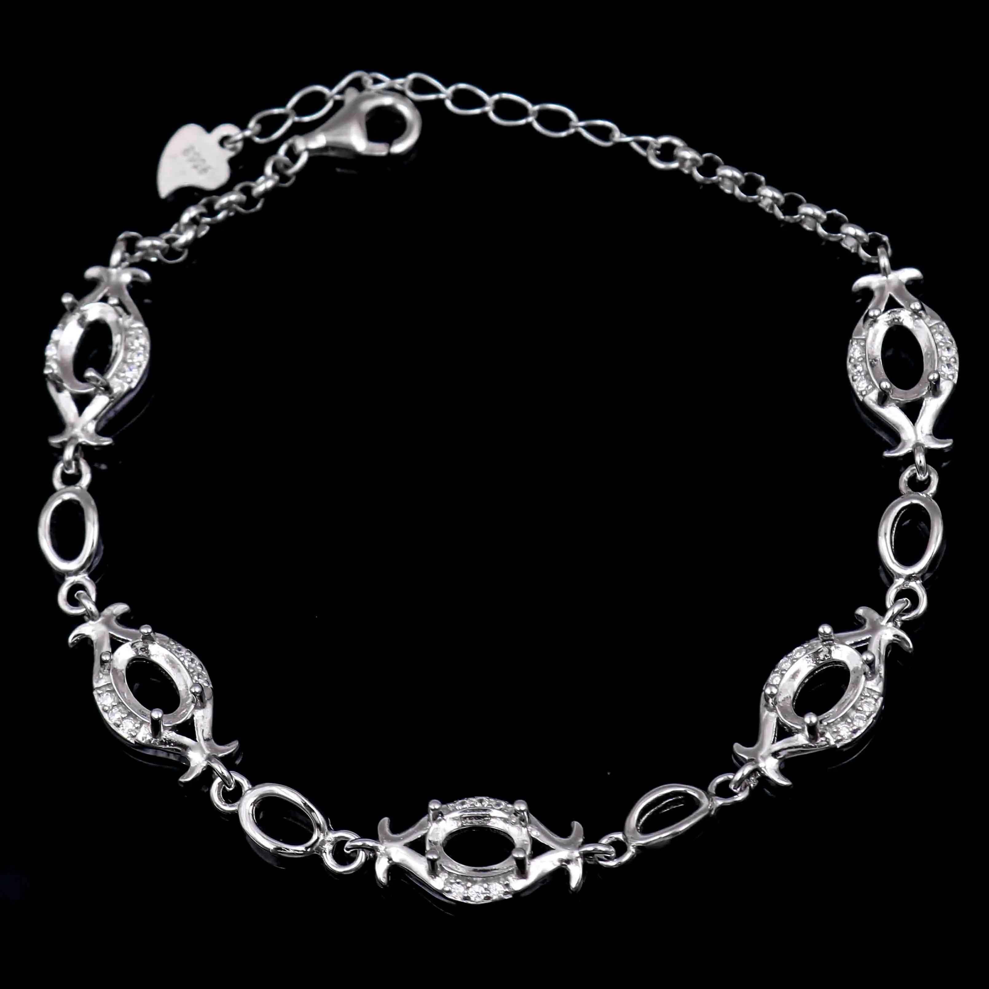 Sterling Silver 5*7mm Semi Mount Bracelet Empty Support Blank Claw Setting S925 Base Holder Without Center Stone for Inlay DIY