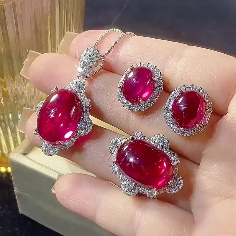 Luxury Oval Cabochon Ruby Jewelry Set Brass Plated Halo Pendant Necklace Ring Earring Vintage Royal Red Gemstone Wedding Jewelry MegaBDM