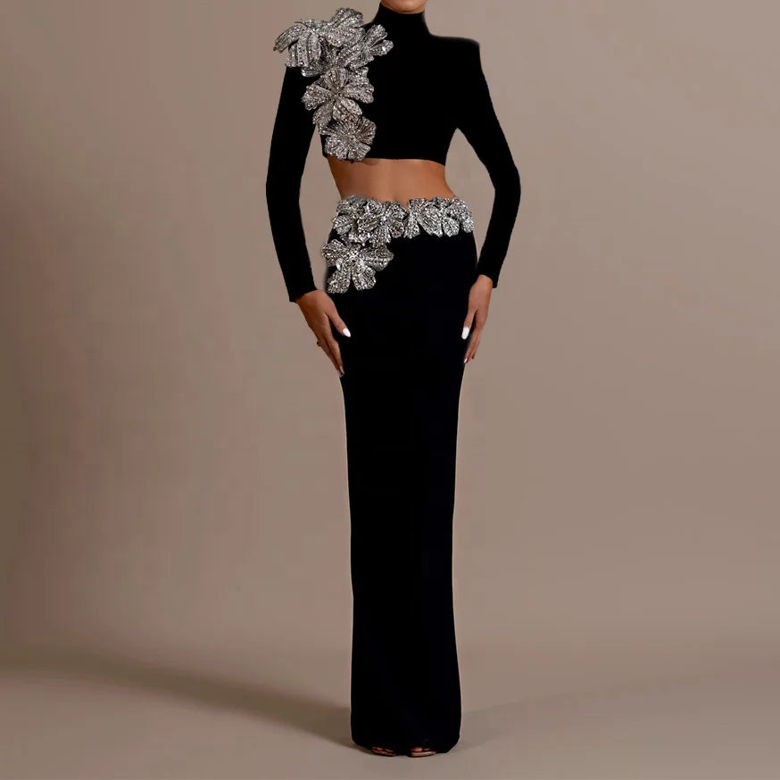Wholesale Women Fashion Street Black Two Pieces Chic Flower Diamonds Full Sleeves Top & Fit Wrapped Hip Skirt Bandage Dress Set