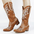 BUSY GIRL KMF3001 Knee High Boots for Women Bota Country Cowgirl Block Heels Ladies Floral Embroidery Western Cowboy Boots